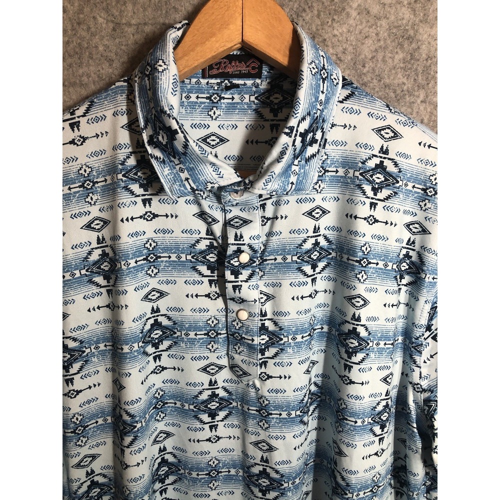 Rafter C Polo Shirt Men Large Blue Southwestern Aztec Performance Casual Classic